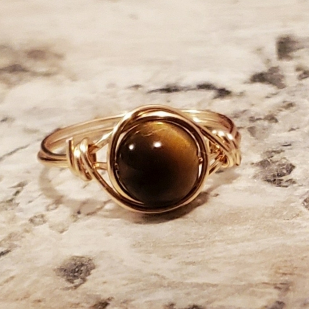 Tiger's Eye Gold Wire Wrapped Ring